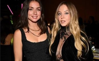 Sydney Sweeney flashes her cleavage in a daringly-cut dress as she joins glamorous Ana de Armas at the  Golden  Globes party in Toronto