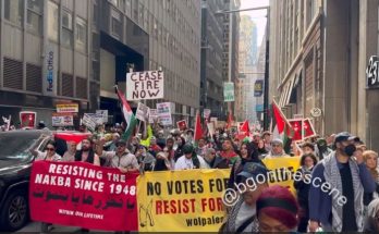 Pro-Israel demonstrators chant “Death to Hamas” next to pro-Palestine demonstrators in New York